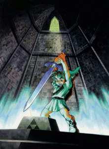 As he did in The Legend of Zelda: A Link to the Past, the Ocarina of Time incarnation of Young Link performs his best impression of drawing Excalibur.